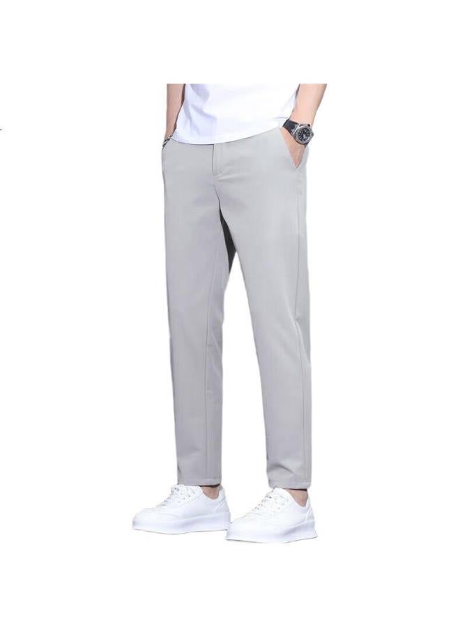 Playboy Casual Pants For Men, Spring And Summer Ice Silk Trousers, Slim-Fit Tapered Trendy Cropped Pants, Light Gray, Size 32 - Image 3