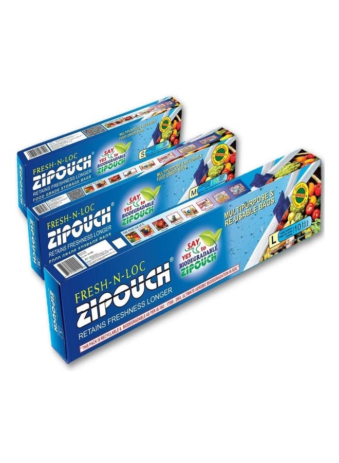 ZIPOUCH Zip Lock Bag with Slider | Assorted Pack of 3 (10 Small + 10 Medium + 10 Large)| Ziplock Bags for Fridge & Travel Packing | Zipper Pouch & Zip Lock Covers for Food, Vegetables & Kitchen - Image 1