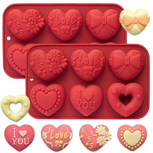 ZINDIACINE 2 Pack Silicone Heart Mold, 6 Unique Valentine's Day Heart Chocolate Molds,Heart Shapes Silicone Baking Mold for Cake Chocolate Mousse, Food Grade Non-Stick Flexible Mold Oven Safe - Image 1