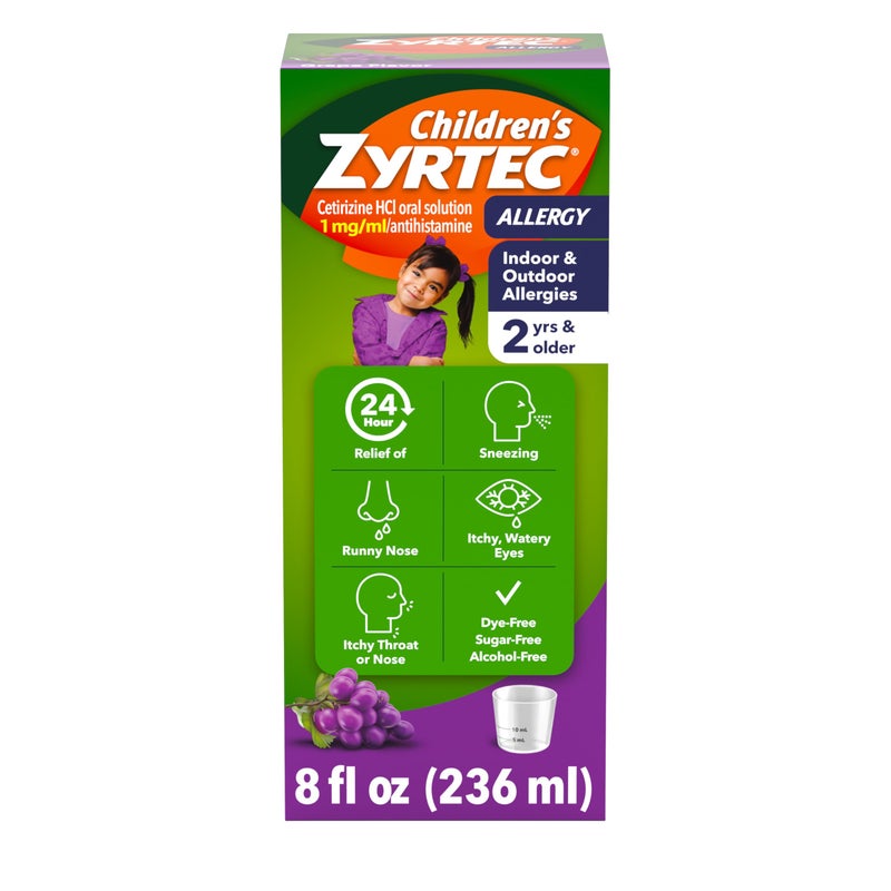 Zyrtec Childrenâ€™s 24-Hour Allergy Relief Syrup, 5 mg Cetirizine Hydrochloride Antihistamine, Kids Allergy Medicine for Indoor/Outdoor Allergies & Hay Fever, Dye-, Alcohol- & Sugar-Free, Grape, 8 fl oz - Image 1
