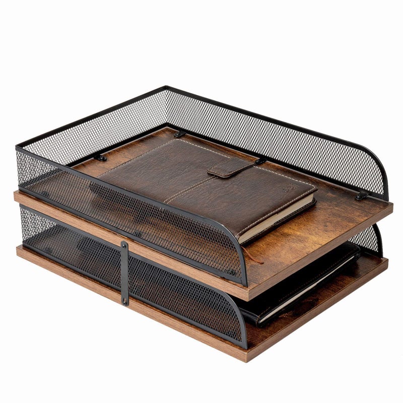 Set of 2 Vintage Wood  Metal Letter TrayDesk Organizers Paper TrayOffice File OrganizerBlack