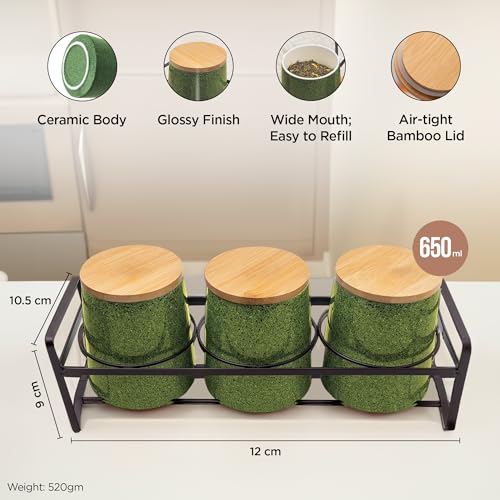 UMAI Ceramic Jars for Kitchen Storage with Bamboo Lids and Iron Stand | Set of 3 | Airtight Kitchen Containers Set | Multipurpose Jars for Pickles Dry Fruits Nuts | 650ml Each | Green | Diwali Gifts - Image 4