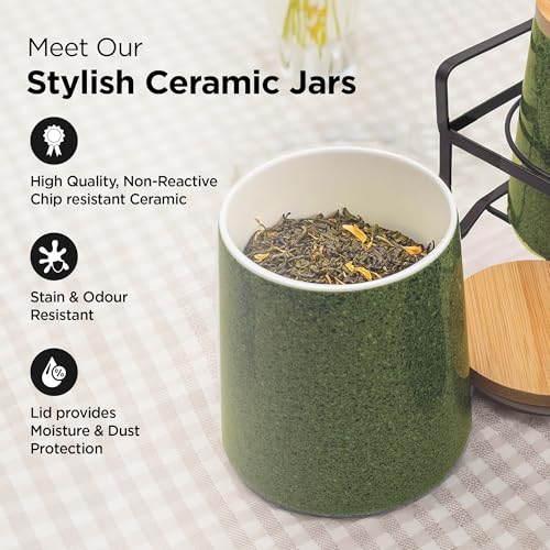UMAI Ceramic Jars for Kitchen Storage with Bamboo Lids and Iron Stand | Set of 3 | Airtight Kitchen Containers Set | Multipurpose Jars for Pickles Dry Fruits Nuts | 650ml Each | Green | Diwali Gifts - Image 3