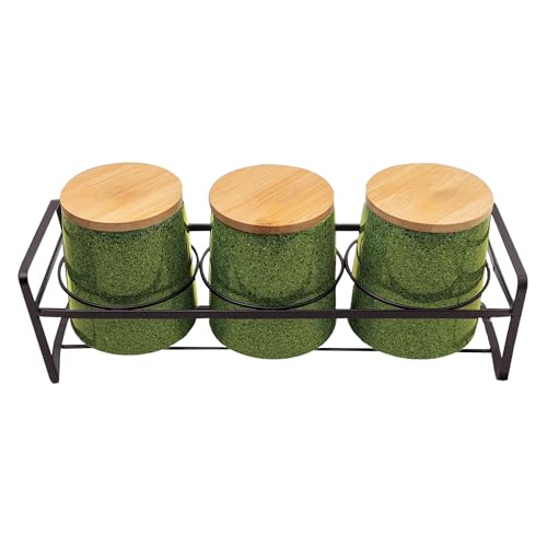 UMAI Ceramic Jars for Kitchen Storage with Bamboo Lids and Iron Stand | Set of 3 | Airtight Kitchen Containers Set | Multipurpose Jars for Pickles Dry Fruits Nuts | 650ml Each | Green | Diwali Gifts - Image 2