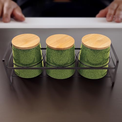 UMAI Ceramic Jars for Kitchen Storage with Bamboo Lids and Iron Stand | Set of 3 | Airtight Kitchen Containers Set | Multipurpose Jars for Pickles Dry Fruits Nuts | 650ml Each | Green | Diwali Gifts - Image 1