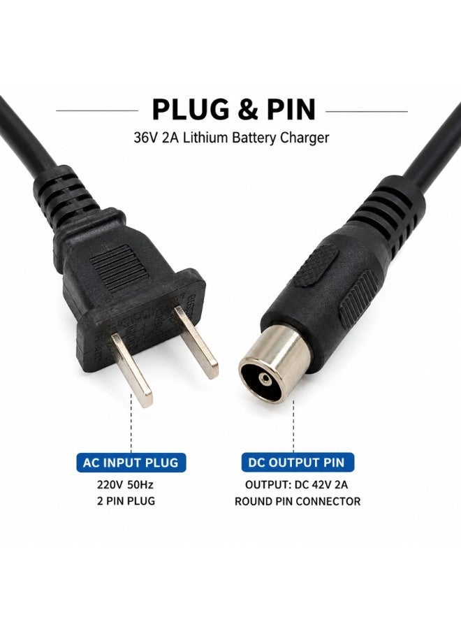 Fukukawa شاحن فوكوكابا® ‎36V 2A للسكوتر الكهربائي والدراجة الكهربائية | خرج ‎DC ‎42V شاحن بطارية ليثيوم ذكي وسريع | محول ‎220V ‎50Hz بقدرة ‎95W مع حماية من ارتفاع الحرارة وتجاوز التيار وقصر الدائرة - Image 3