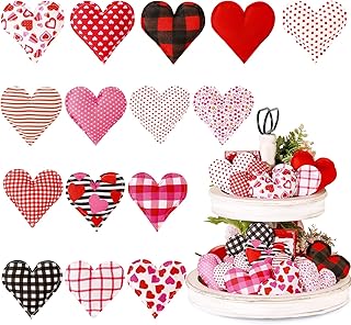 Oudain 15 Pcs Valentines Stuffed Fabric Hearts Valentines Day Tiered Tray Decor Valentines Hearts Decor Pink Red - Image 1