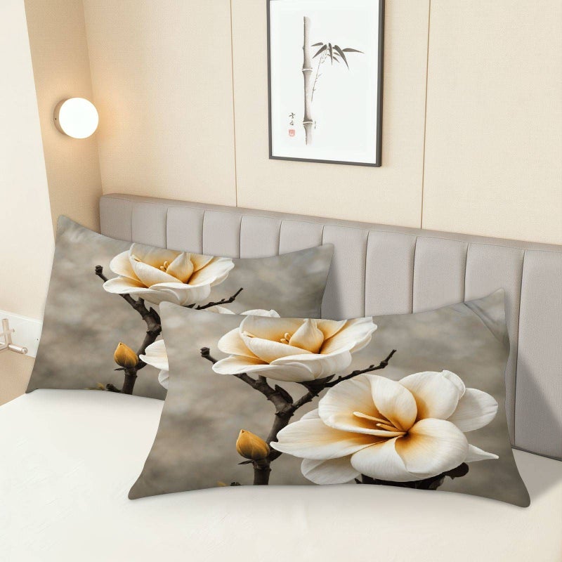Set Of 2 Queen Size Mixed Color Pillowcases With Magnolia Blossom Branches Decorative Covers For Bed And Sofa Soft Fabric - Image 1