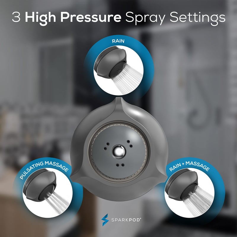 SparkPod 3-Inch Extreme High Pressure Shower Heads - Pressure Boosting with Rain, Massage & Pulsating Mode, Powerful Water-Saving Showerhead - 2.5 GPM Fixed Shower Head (Charcoal Grey) - Image 5