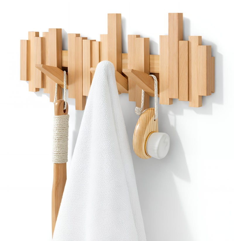 ALMiHomi Wooden Thobe Wall Hook Rack – 6 Flip-Down Hooks Natural Wood Robe & Abaya Hanger for Entryway Bedroom - Image 1