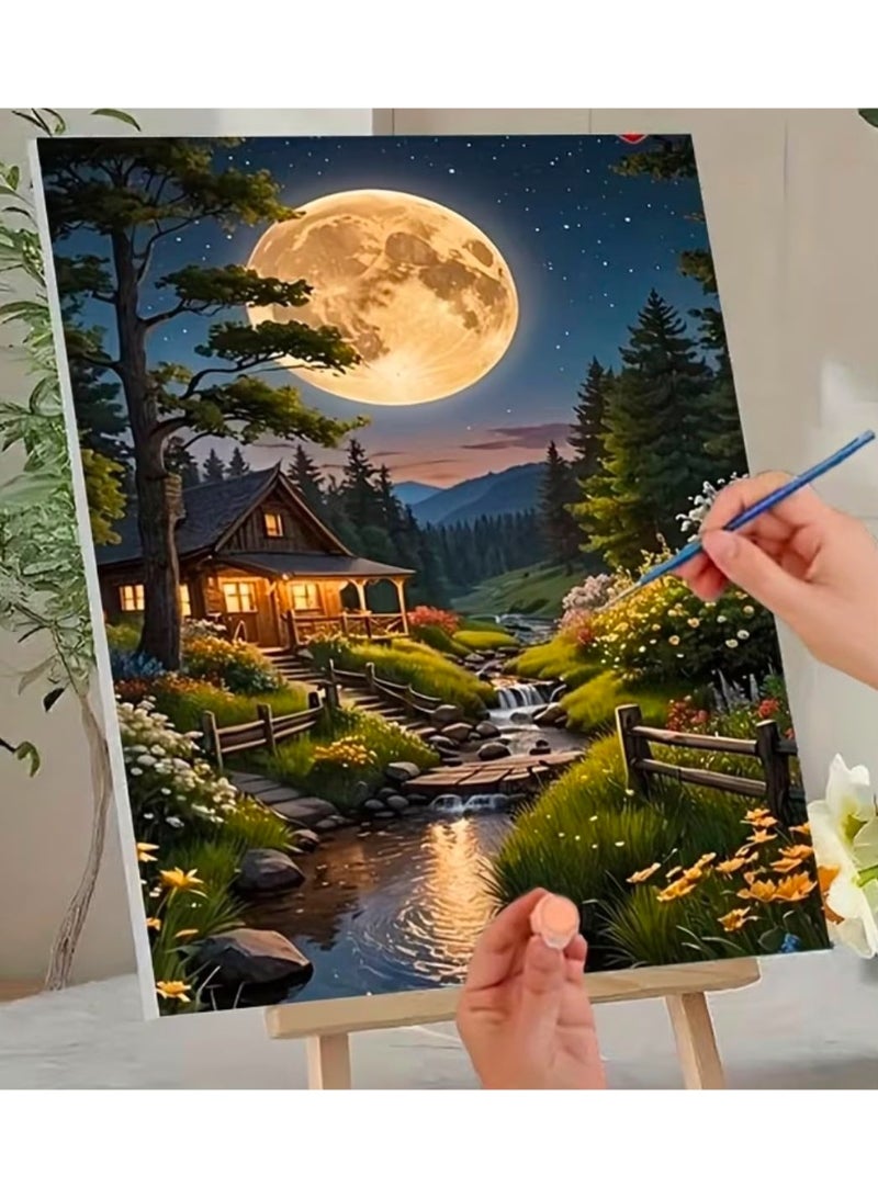 Paint by Numbers Kit – Enchanting Mountain Cabin Under the Moonlight with Stars, Forest, Flowers, Stream and Waterfalls – Complete DIY Painting Set with Numbered Paints and 3 Brushes