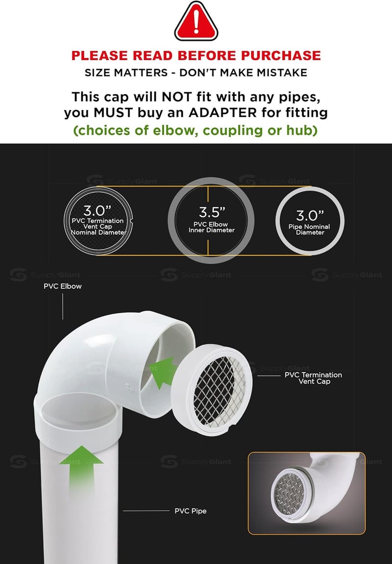 Raven PVC Termination Cap Mesh Screen Vent Cover, Furnace & Roof Stainless Steel Wire Round Exhaust Pipe Cover End 3" Inner & 3.5" Outer Diameter - Image 2