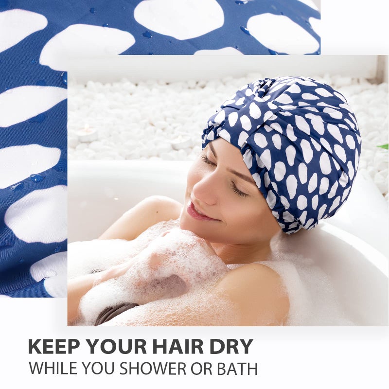 INNELO Luxury Shower Cap for Women Reusable Waterproof, Double Layered Shower Hair Cap with Adjustable Elastic Strap, Large Satin Lined Shower Bath Cap for Long Curly Straight Hair, Blue - Image 5