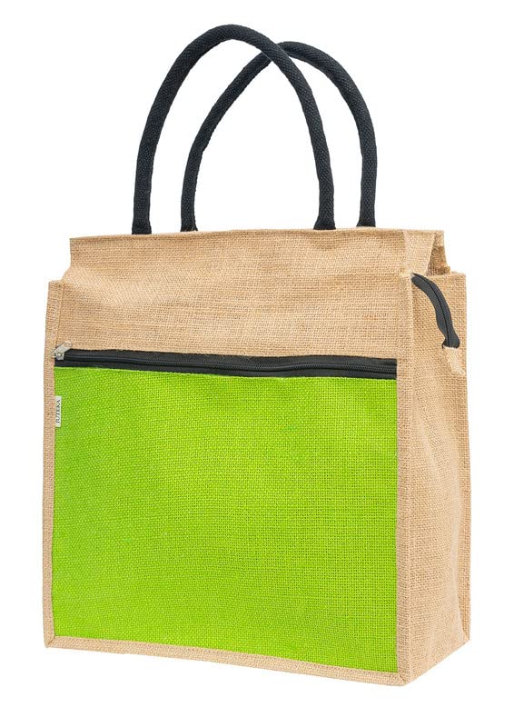 JUTEKA Unisex-Adult Parrot Green Color Zip Pocket Jute Utility Bag For Lunch, Office, Grocery, Picnic, Tiffin, Shopping With Padded Cotton Handles - Image 2
