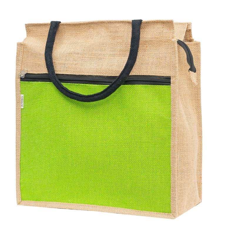 JUTEKA Unisex-Adult Parrot Green Color Zip Pocket Jute Utility Bag For Lunch, Office, Grocery, Picnic, Tiffin, Shopping With Padded Cotton Handles - Image 1