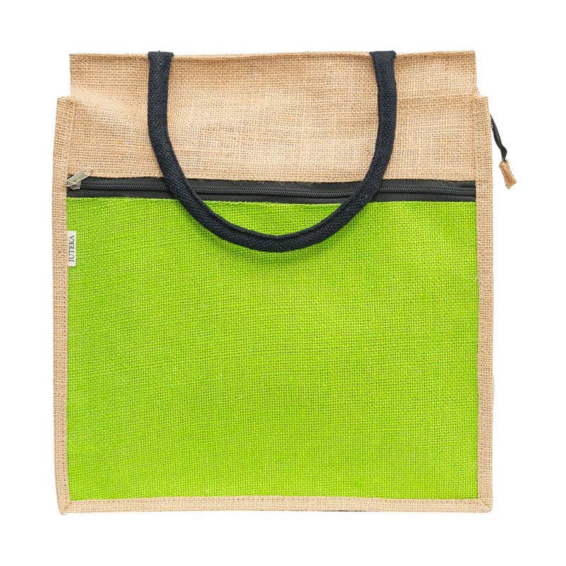 JUTEKA Unisex-Adult Parrot Green Color Zip Pocket Jute Utility Bag For Lunch, Office, Grocery, Picnic, Tiffin, Shopping With Padded Cotton Handles - Image 3