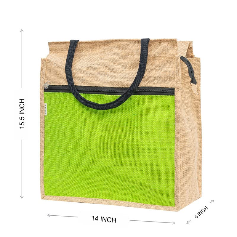 JUTEKA Unisex-Adult Parrot Green Color Zip Pocket Jute Utility Bag For Lunch, Office, Grocery, Picnic, Tiffin, Shopping With Padded Cotton Handles - Image 5