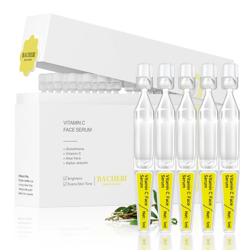 BACHERI Vitamin C Face Serum with Glutathione, 4D Hyaluronic Acid & Aloe Vera â€“ Lightweight Brightening & Hydrating Ampoule for Daily Skincare, Dark Spots, Sensitive Skin Friendly - (1.0 ml)*30 Vials - Image 1