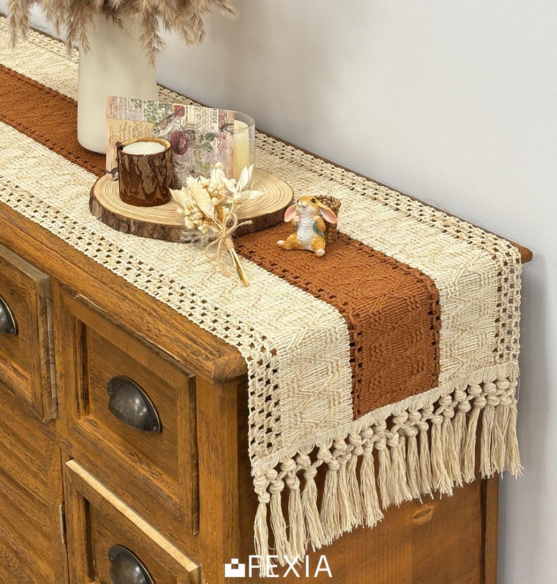 FEXIA Boho Table Runner 72 Inches Long Thanksgiving Decor Macrame Table Runner Farmhouse Style with Tassels for Party Bohemian Rustic Wedding Bridal Shower Dining Decor Middle Brown (12x72 Inches) - Image 5