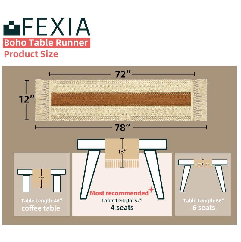 FEXIA Boho Table Runner 72 Inches Long Thanksgiving Decor Macrame Table Runner Farmhouse Style with Tassels for Party Bohemian Rustic Wedding Bridal Shower Dining Decor Middle Brown (12x72 Inches) - Image 2