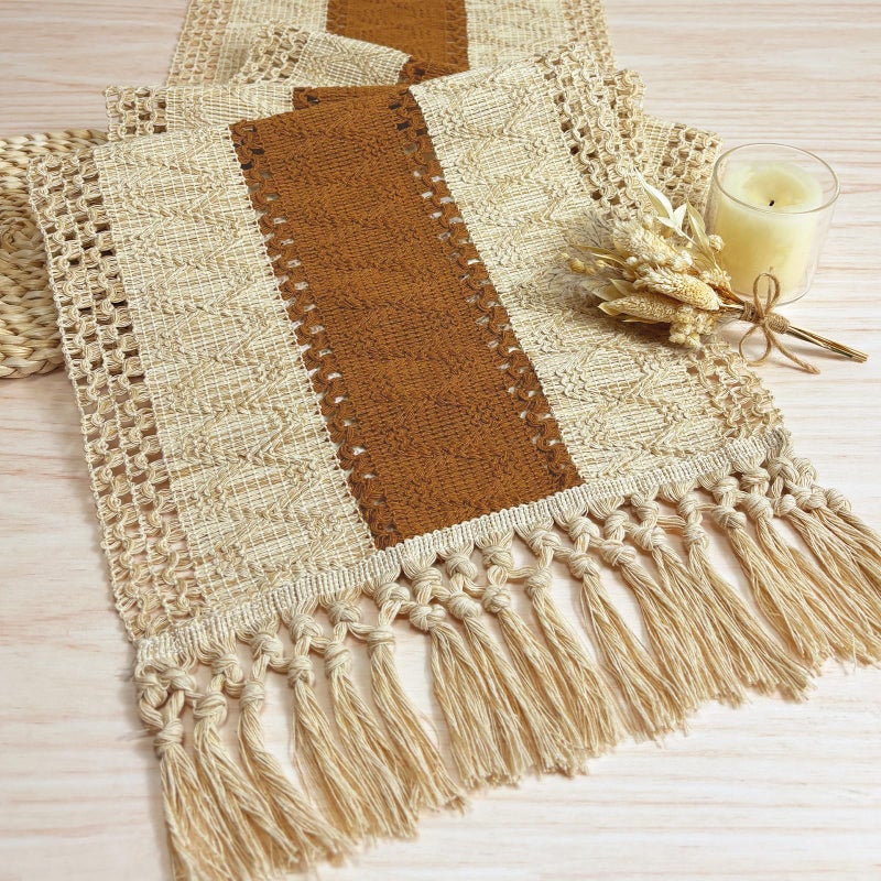 FEXIA Boho Table Runner 72 Inches Long Thanksgiving Decor Macrame Table Runner Farmhouse Style with Tassels for Party Bohemian Rustic Wedding Bridal Shower Dining Decor Middle Brown (12x72 Inches) - Image 1