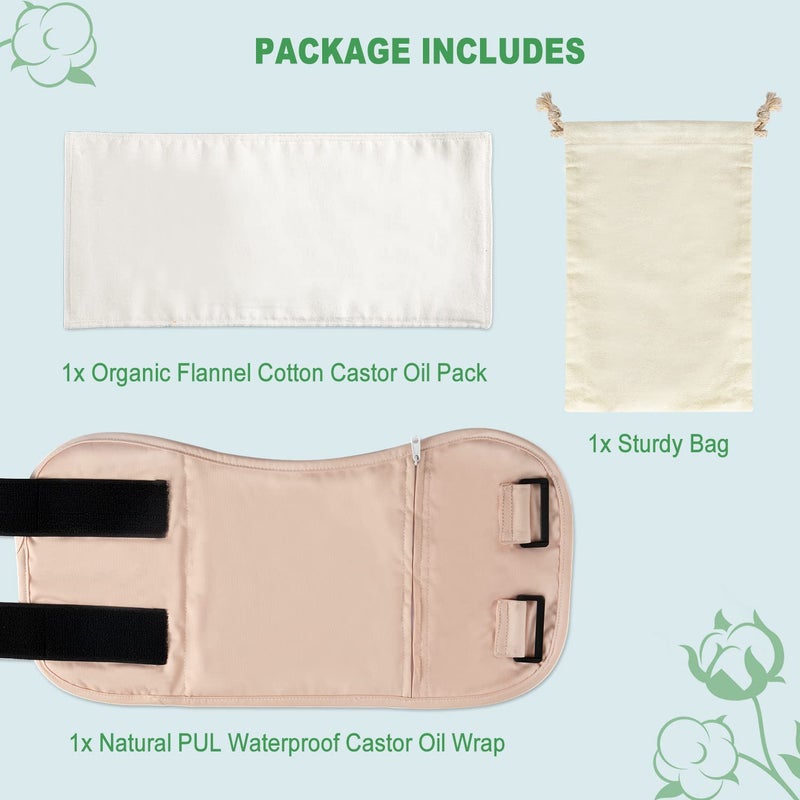 DEROWN Castor Oil Pack, DEROWN Castor Oil Packs Wrap, Less Mess, Made of Organic Cotton Flannel & Waterproof PUL, Reusable Massage Castor Oil Pack Kit with Anti Oil Leak Design (Oil Not Included) - Image 2