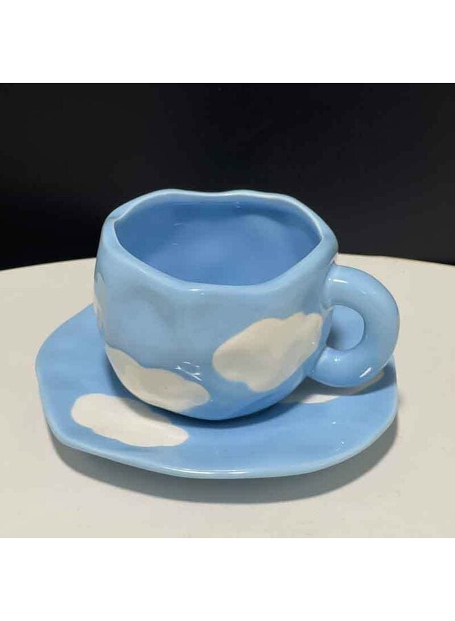 Mug with Saucer Set, Cute Creative Cup Unique Irregular Design for Office and Home, Dishwasher and Microwave Safe, 10oz/300ml for Latte Tea Milk (Blue Sky and White Clouds)  - Image 5