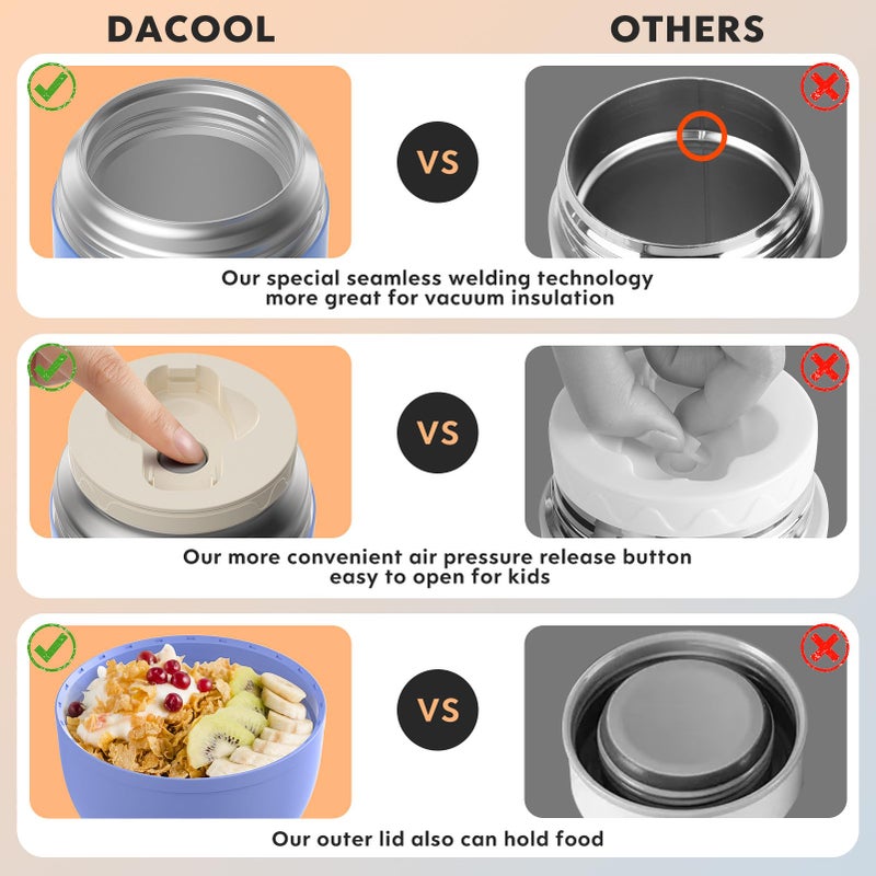 DaCool Insulated Lunch Container Insulated Food Jar 16 oz Stainless Steel Vacuum Bento Hot Lunch Box for Kids with Spoon Leak Proof Hot Cold Food for School Office Picnic Travel Outdoors - Black - Image 4