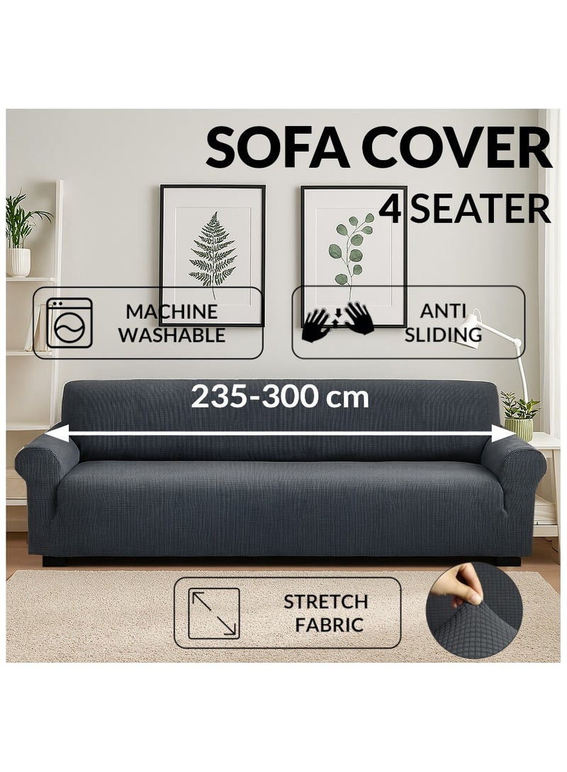 Fabienne Stretch Fit 4-Seater Sofa Cover Soft Brushed Fabric Couch Cover Exquisitely Full Coverage Furniture Protector Slipcover Four Seater Fits on Standard and Recliner Sofa 235-300cm Size Grey - Image 1