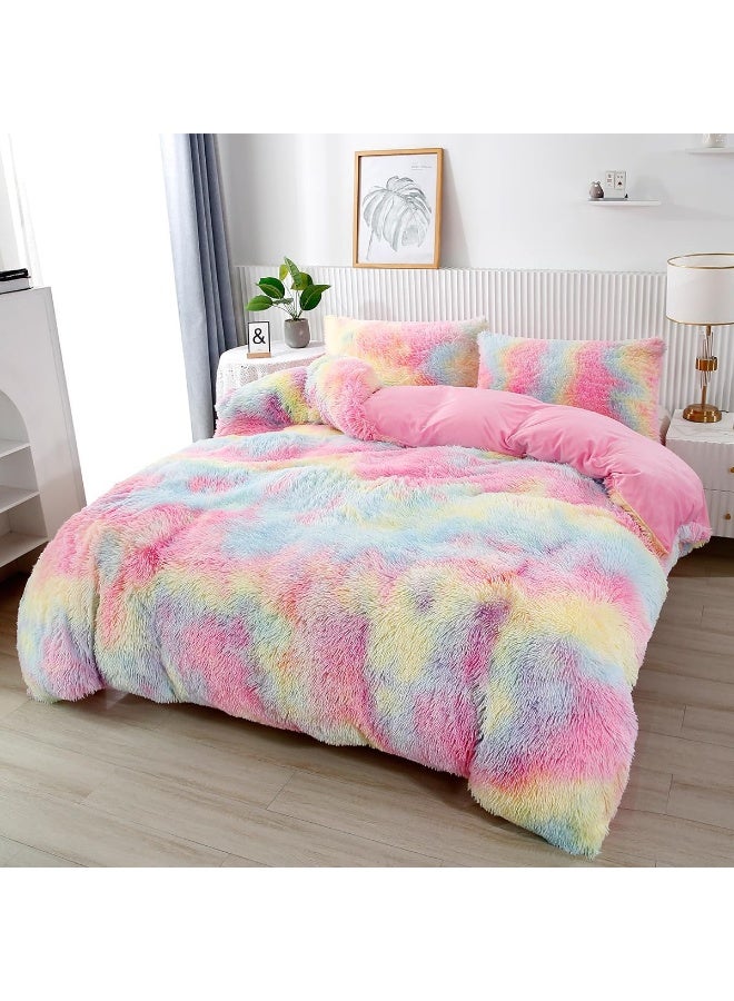 PERFEMET 3 Pcs Faux Fur Pink Comforter Set Queen Fluffy Shaggy Tie Dye Bedding Set for Girls Colorful Rainbow Ultra Soft Plush Velvet Furry Bedding Quilt Set(Pink, Queen)  - Image 1