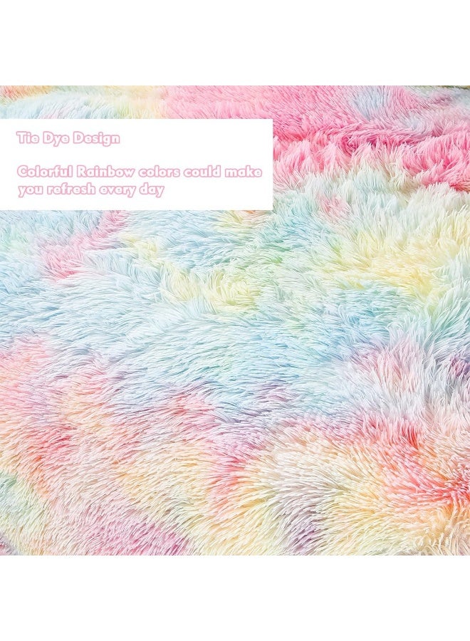 PERFEMET 3 Pcs Faux Fur Pink Comforter Set Queen Fluffy Shaggy Tie Dye Bedding Set for Girls Colorful Rainbow Ultra Soft Plush Velvet Furry Bedding Quilt Set(Pink, Queen)  - Image 4