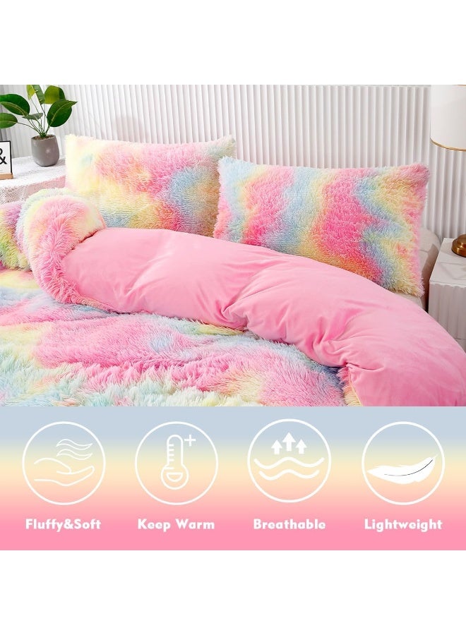 PERFEMET 3 Pcs Faux Fur Pink Comforter Set Queen Fluffy Shaggy Tie Dye Bedding Set for Girls Colorful Rainbow Ultra Soft Plush Velvet Furry Bedding Quilt Set(Pink, Queen)  - Image 3
