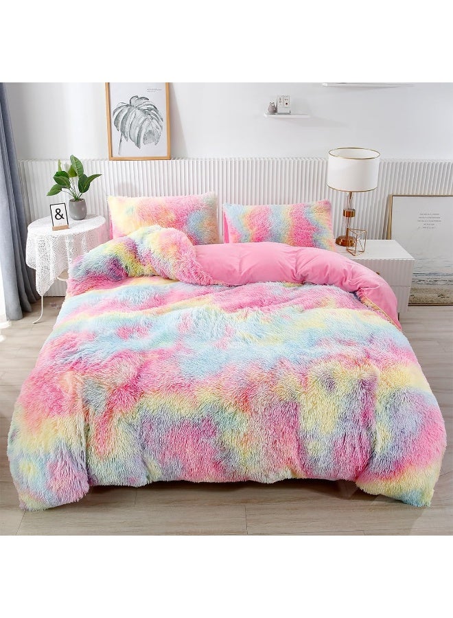 PERFEMET 3 Pcs Faux Fur Pink Comforter Set Queen Fluffy Shaggy Tie Dye Bedding Set for Girls Colorful Rainbow Ultra Soft Plush Velvet Furry Bedding Quilt Set(Pink, Queen)  - Image 2