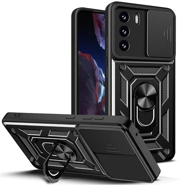 SPAZY CASE® Oppo Reno 12 Pro 5G Back Cover | Heavy Duty Hybrid Case with 360 Degree Rotating Finger Ring Holder + Slider Shutter Camera Protection Case for Oppo Reno 12 Pro 5G 5G - Black - Image 1