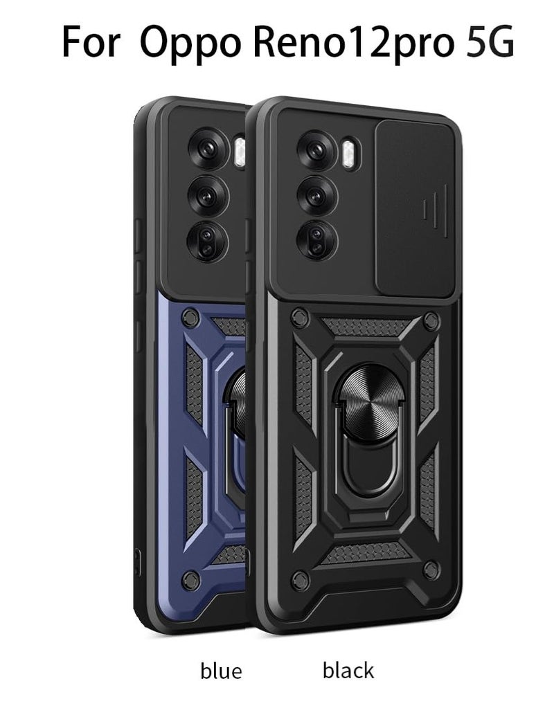 SPAZY CASE® Oppo Reno 12 Pro 5G Back Cover | Heavy Duty Hybrid Case with 360 Degree Rotating Finger Ring Holder + Slider Shutter Camera Protection Case for Oppo Reno 12 Pro 5G 5G - Black - Image 3