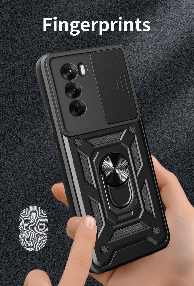 SPAZY CASE® Oppo Reno 12 Pro 5G Back Cover | Heavy Duty Hybrid Case with 360 Degree Rotating Finger Ring Holder + Slider Shutter Camera Protection Case for Oppo Reno 12 Pro 5G 5G - Black - Image 5