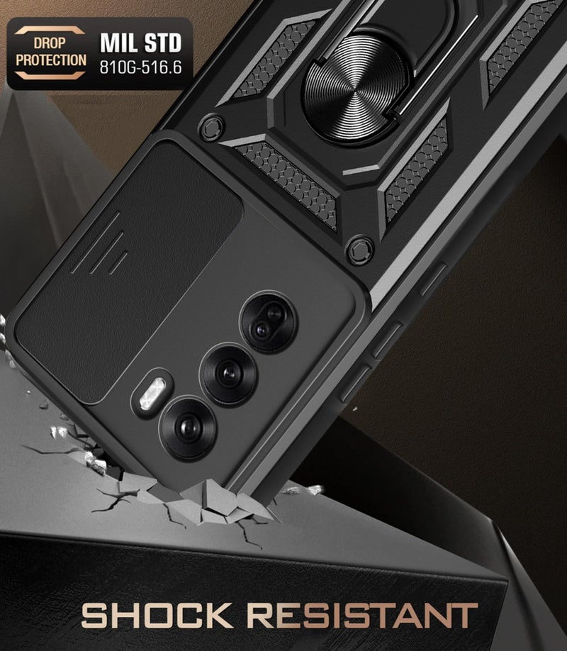 SPAZY CASE® Oppo Reno 12 Pro 5G Back Cover | Heavy Duty Hybrid Case with 360 Degree Rotating Finger Ring Holder + Slider Shutter Camera Protection Case for Oppo Reno 12 Pro 5G 5G - Black - Image 2