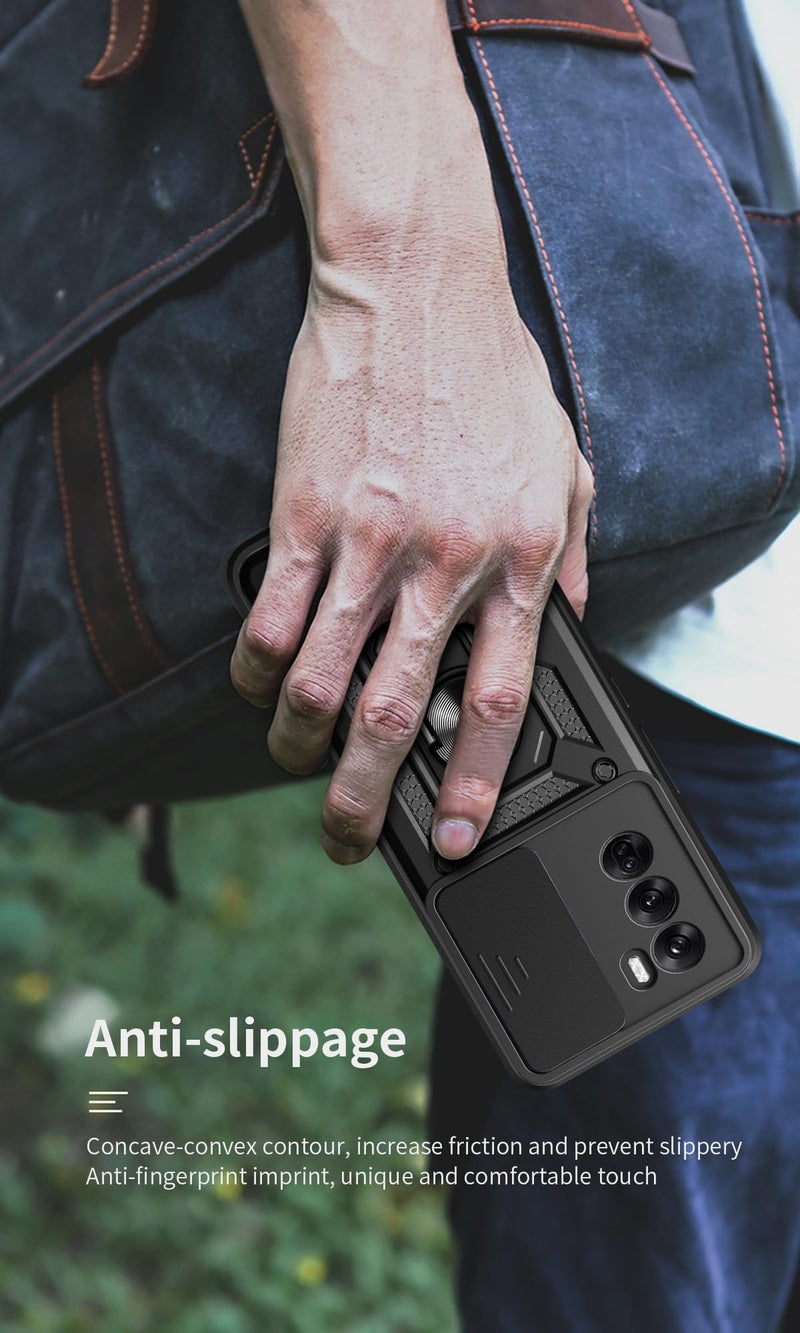 SPAZY CASE® Oppo Reno 12 Pro 5G Back Cover | Heavy Duty Hybrid Case with 360 Degree Rotating Finger Ring Holder + Slider Shutter Camera Protection Case for Oppo Reno 12 Pro 5G 5G - Black - Image 4