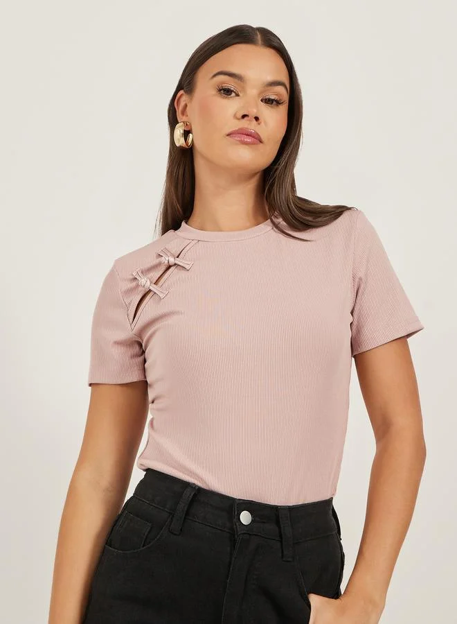 Styli Textured Bow Detail Round Neck T-Shirt