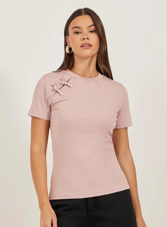 Styli Textured Bow Detail Round Neck T-Shirt