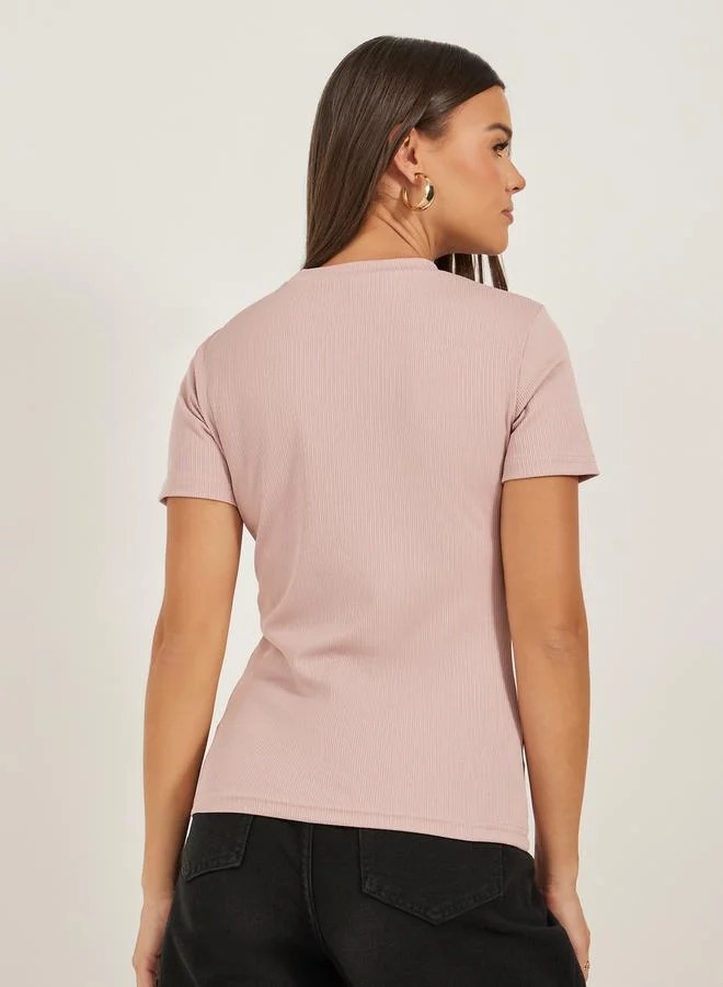 Styli Textured Bow Detail Round Neck T-Shirt