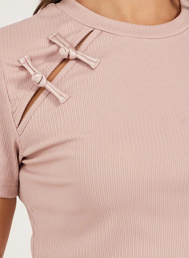 Styli Textured Bow Detail Round Neck T-Shirt