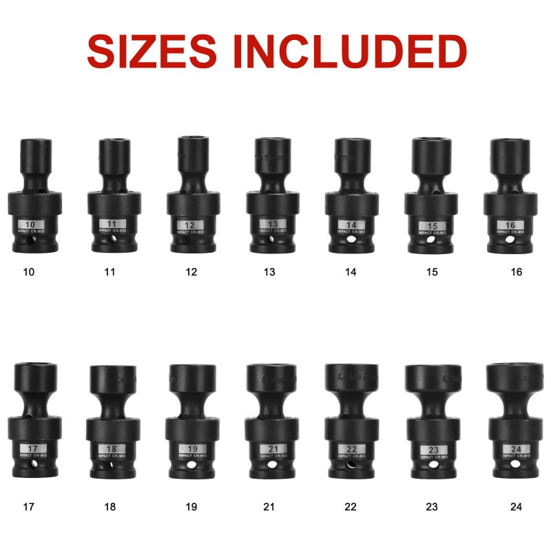 AOBEN 18 PCS 1/2" Drive Shallow Universal Impact Socket Set, Swivel Socket with Flexible Wobble, 6 Point, Metric,10-24mm,Cr-V Steel, Includes Extension Bars and Adapter - Image 2