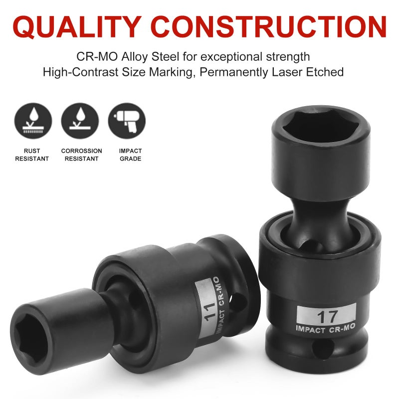 AOBEN 18 PCS 1/2" Drive Shallow Universal Impact Socket Set, Swivel Socket with Flexible Wobble, 6 Point, Metric,10-24mm,Cr-V Steel, Includes Extension Bars and Adapter - Image 4