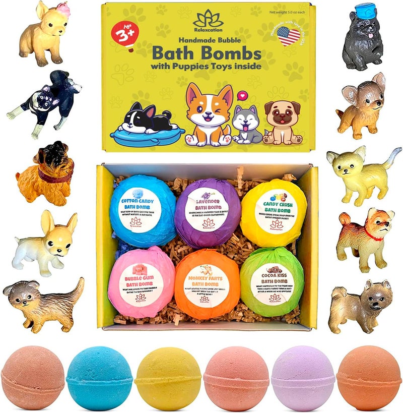 Relaxcation Organic Little Puppy Bath Bombs for Kids with Dog Toys Surprise Inside  Natural and Safe Bubble Bombs with Essential Oils  Bath Bombs Toys Inside  Great Gift Set for Boys and Girls Handmade in USA
