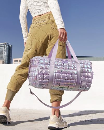 FODOKO Quilted Duffel Bag for Women Puffer Gym Duffle Bag with Shoe Compartment Lightweight Large Crossbody Sport Travel Bag Tote Purple Lilac - Image 3
