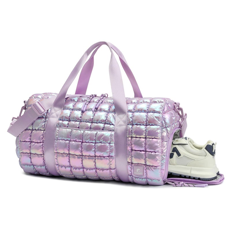 FODOKO Quilted Duffel Bag for Women Puffer Gym Duffle Bag with Shoe Compartment Lightweight Large Crossbody Sport Travel Bag Tote Purple Lilac - Image 2