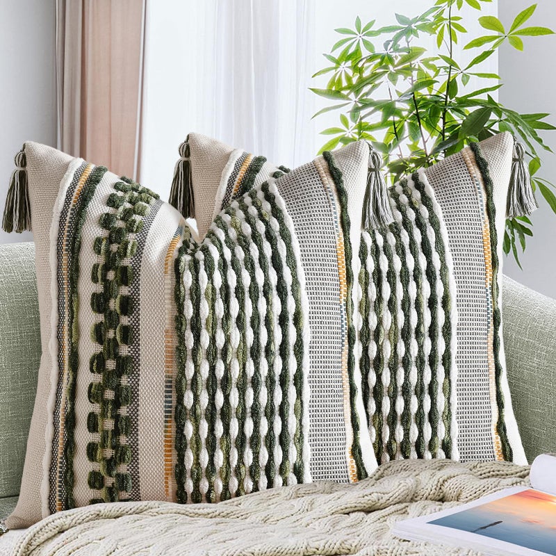 AmHoo Set of 2 Chenille Striped Textured Boho Throw Pillow Covers Aesthetic with Tassels Woven Decorative Pillow Case for Couch Bed Sofa Bedroom Modern Funky 18 x 18Inch Sage Green - Image 2