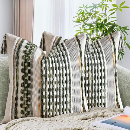 AmHoo Set of 2 Chenille Striped Textured Boho Throw Pillow Covers Aesthetic with Tassels Woven Decorative Pillow Case for Couch Bed Sofa Bedroom Modern Funky 18 x 18Inch Sage Green - Image 1