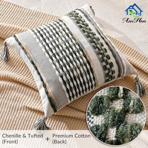 AmHoo Set of 2 Chenille Striped Textured Boho Throw Pillow Covers Aesthetic with Tassels Woven Decorative Pillow Case for Couch Bed Sofa Bedroom Modern Funky 18 x 18Inch Sage Green - Image 3